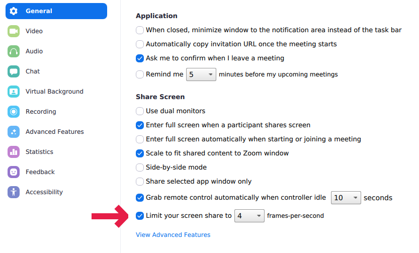 Zoom settings dialog